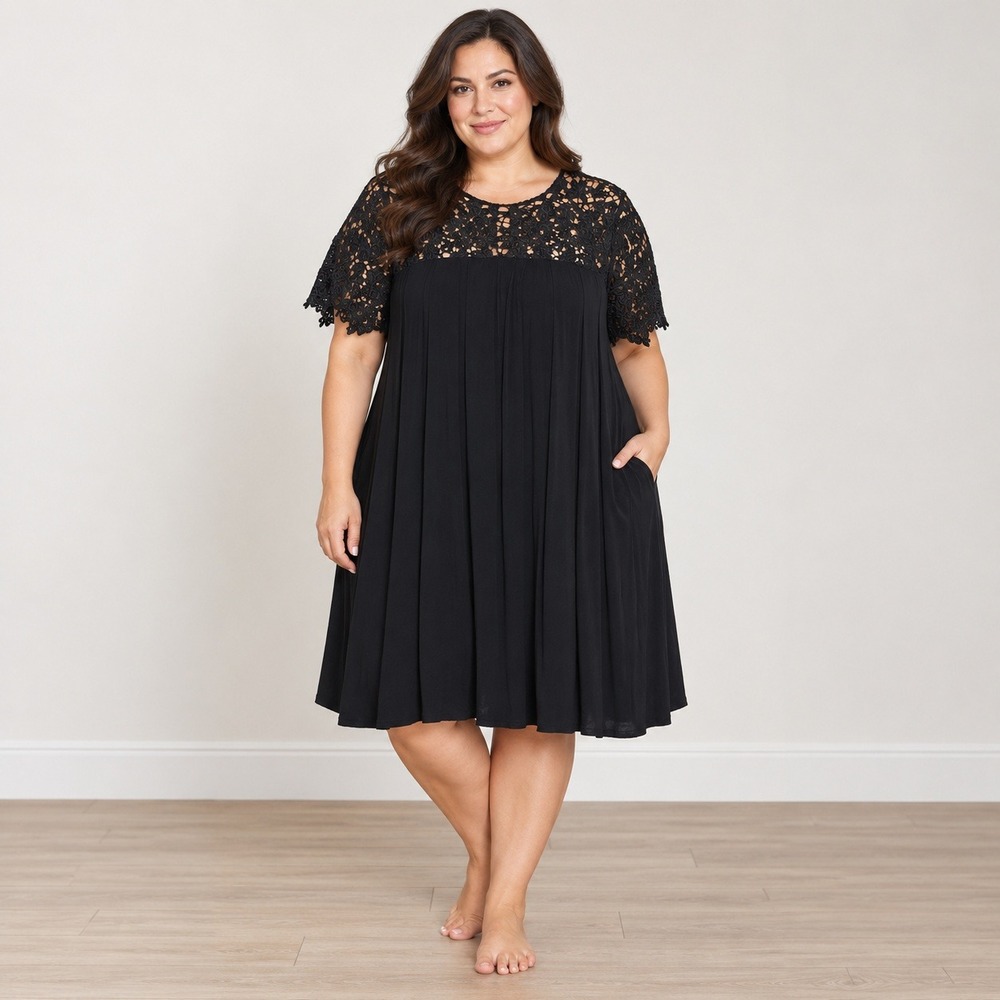 Black Lace Empire Waist Dress Lane Bryant Size 18 Plus Fit Flare Pockets